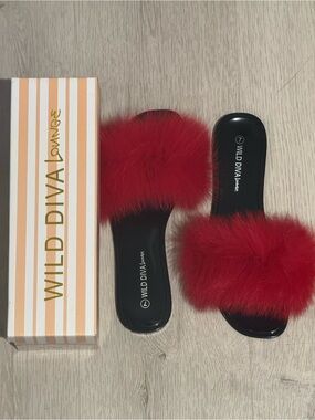 DIVA Lounge Red Faux Fur Slide Sandals